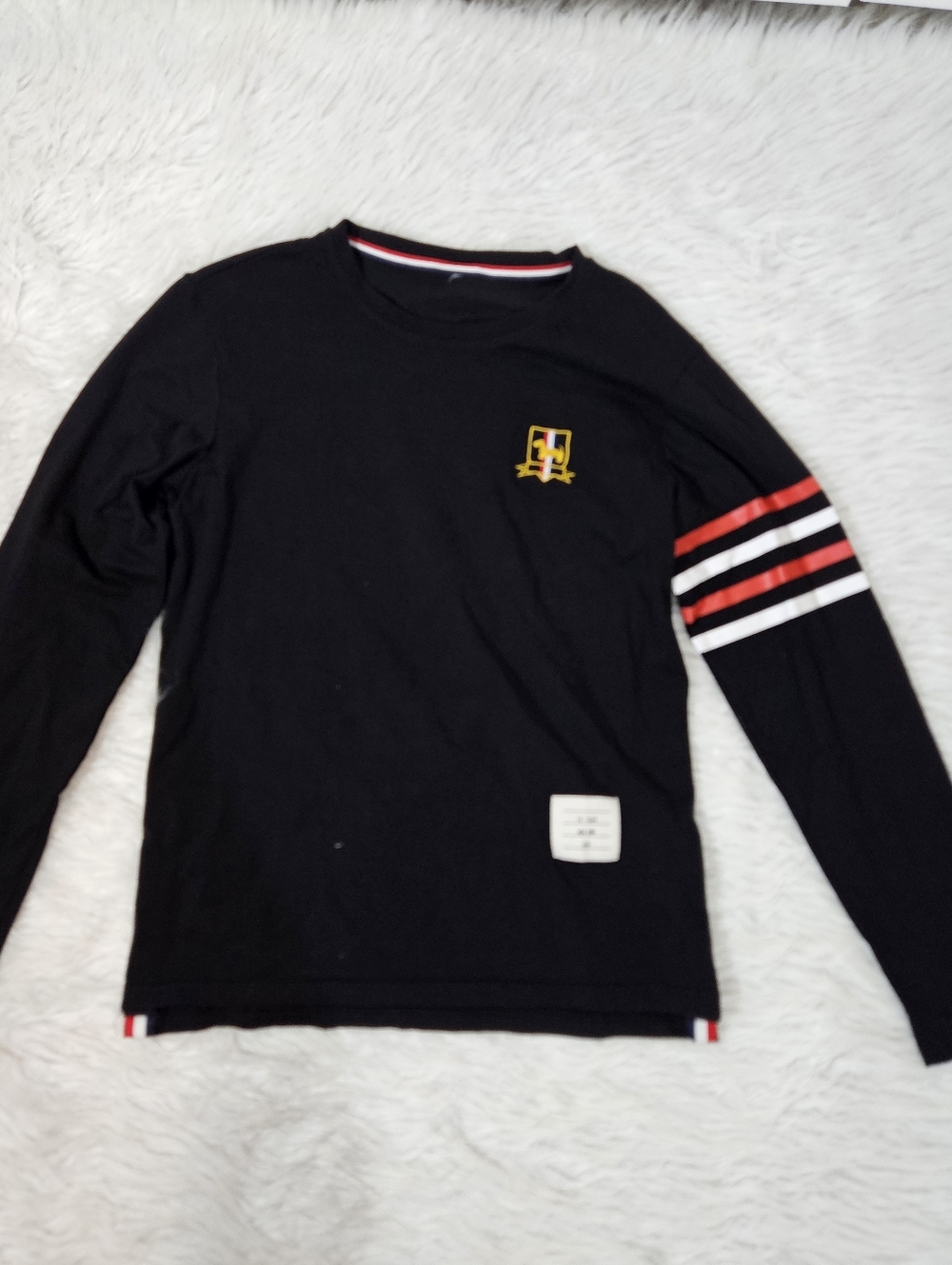 Thom Browne Black Long Sleeve Shirt with Red & White Stripes